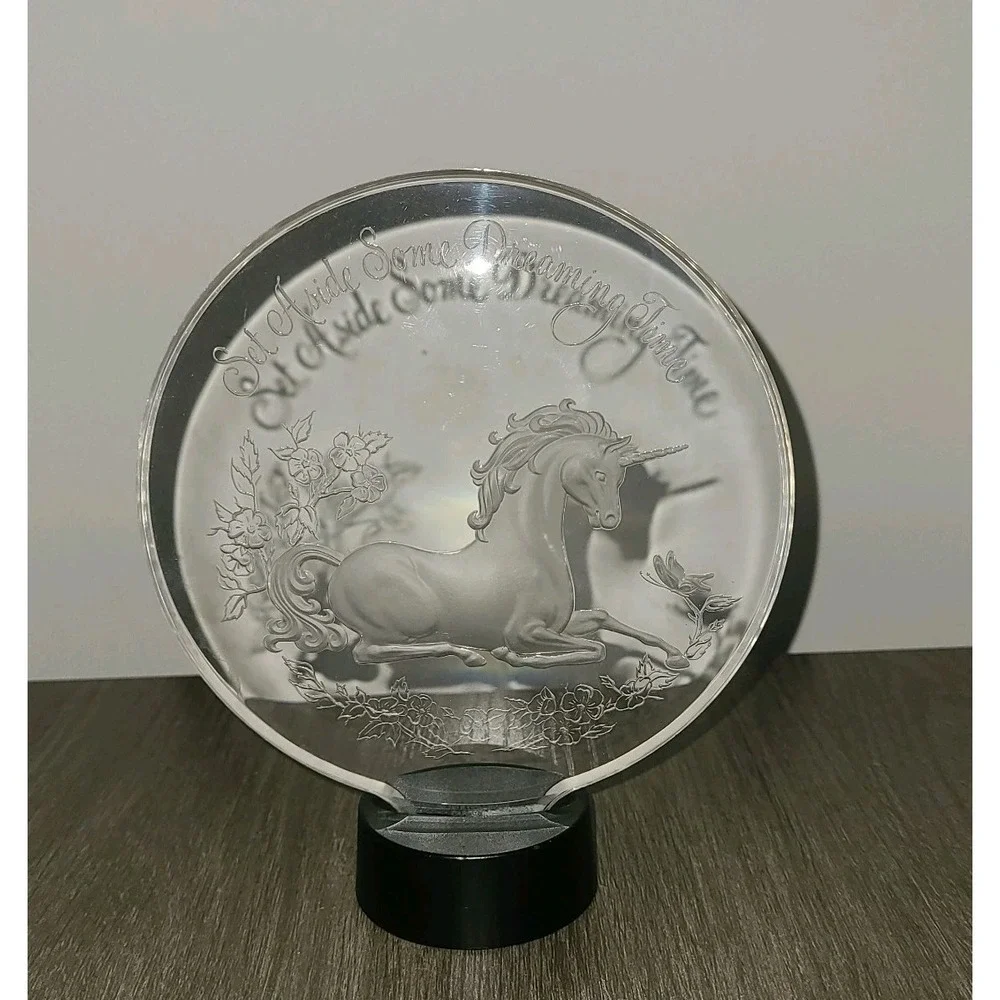 VTG Hallmark Unicorn Dreaming Time Etched Acrylic Plaque 1979 Fantasy Decor